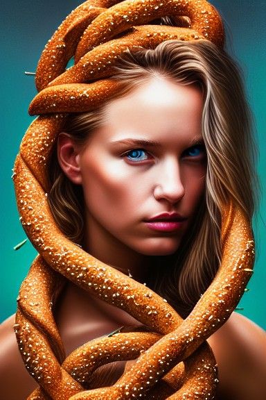Hyperrealistic Portrait of Woman Covered in Pretzels