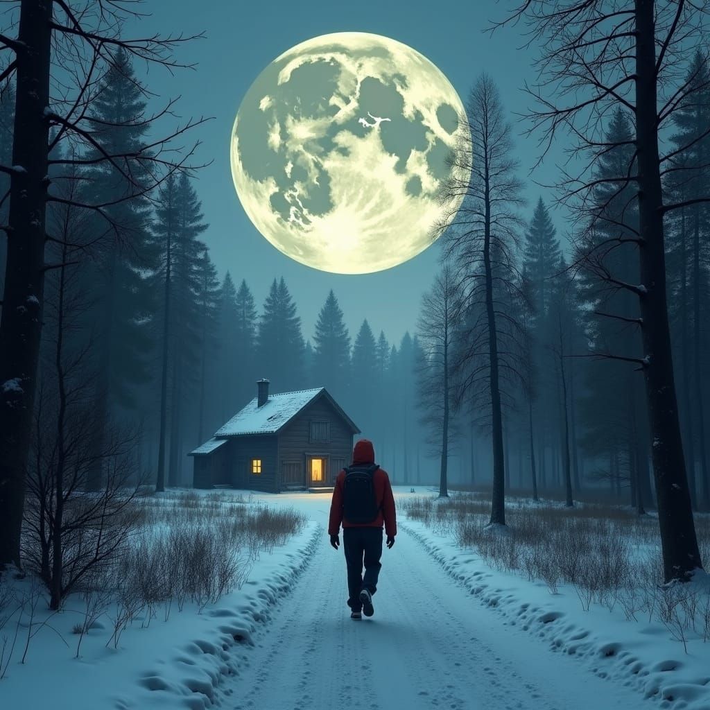 Winter Forest: Man Walks Toward Desolate Village