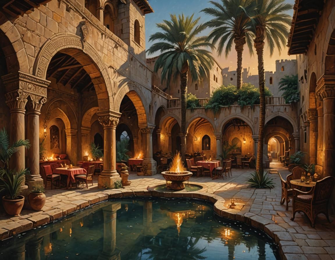 Medieval Caravanserai Courtyard at Night in Oil Painting Sty...