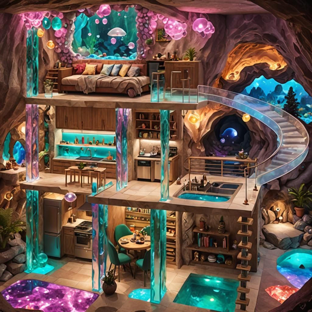 Extravagant Bioluminescent Gemstone Underground Living Space