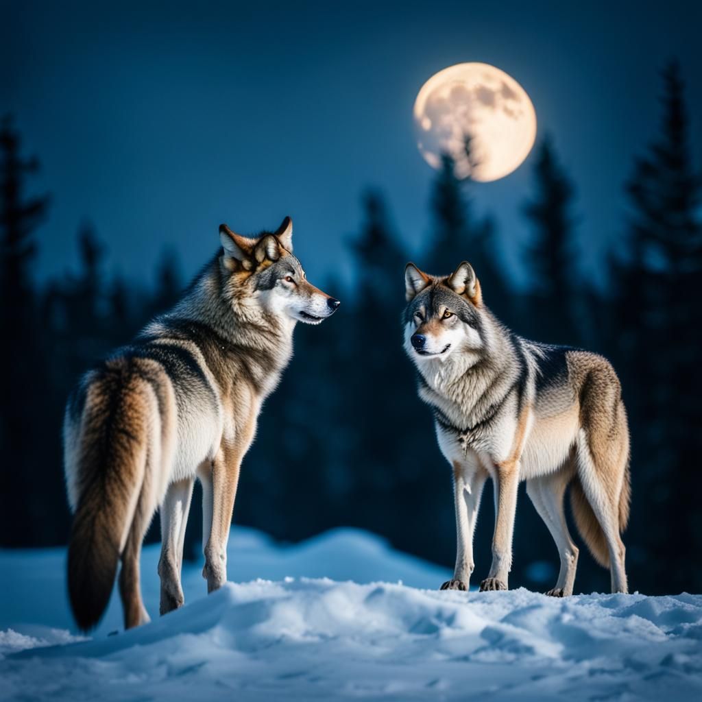 Lonely Wolf Under Moon: Natural Photography