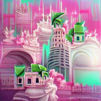 Vaporwave Cityscape in Pink and Green