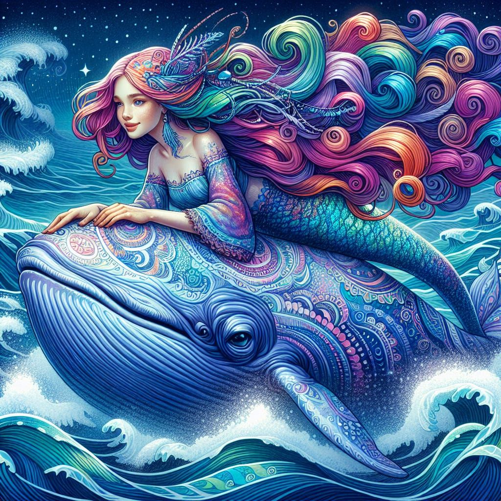 Fantasy Mermaid Riding a Whale in Magical Ocean