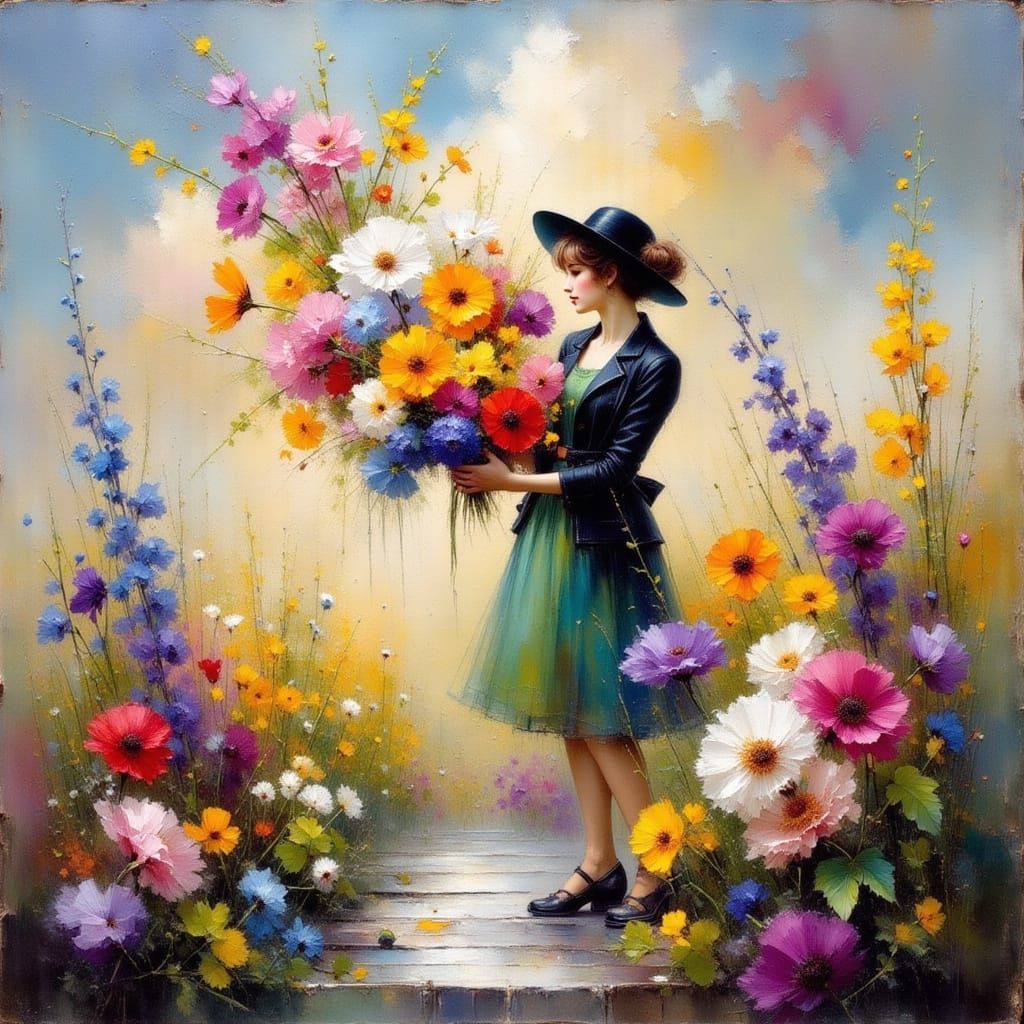 Barefoot in Flowers, Impressionistic Nature Scene