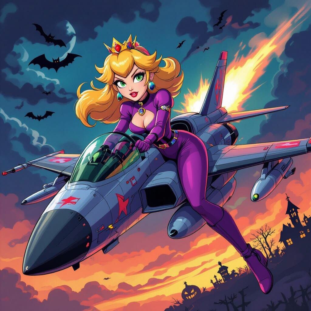 Princess Peach Piloting Fighter Jet in Purple Jumpsuit