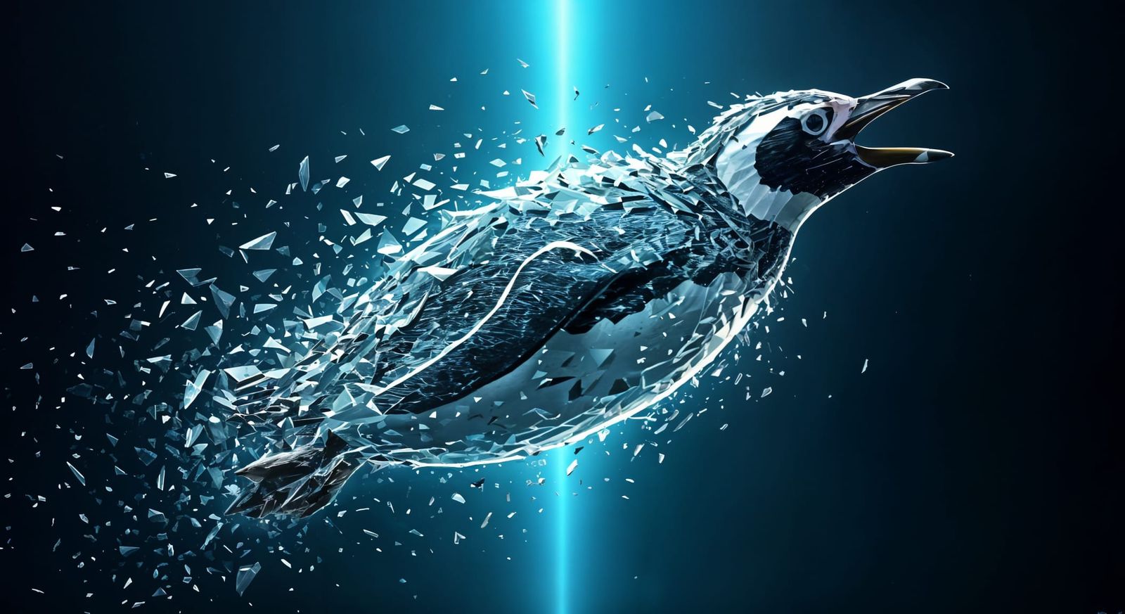 Penguin in Shattered Crystal Form Sails Through Ocean