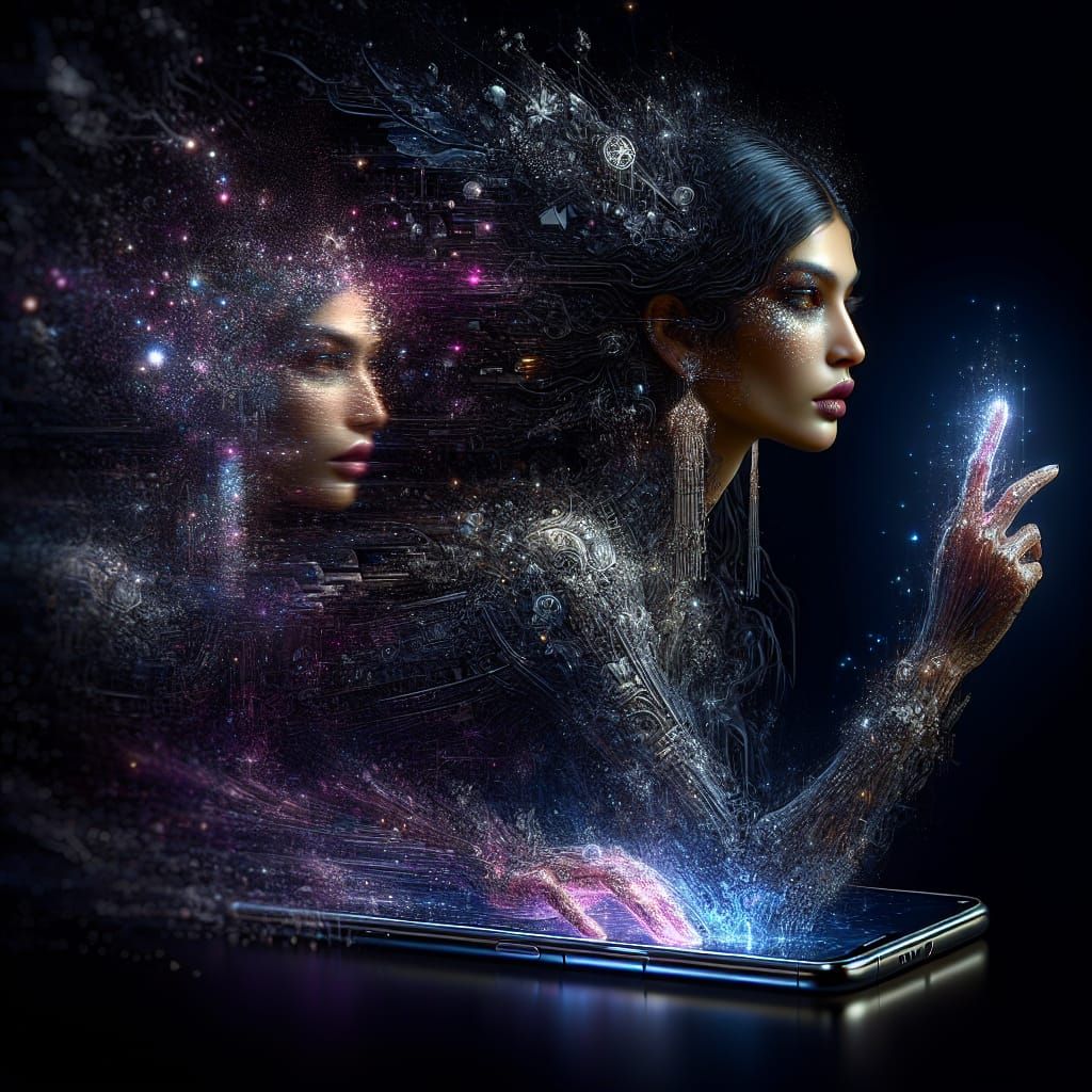 Woman Emerging from Smartphone with Magic Aura