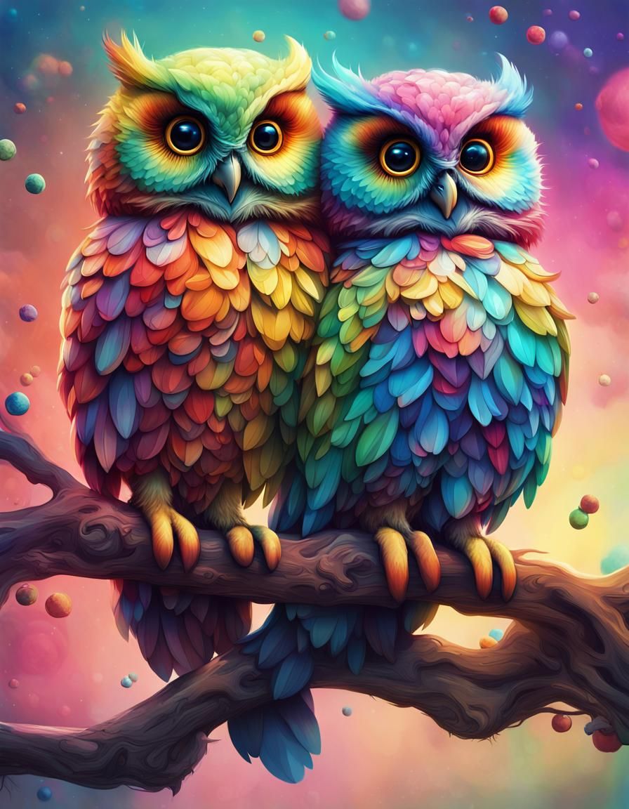 Rainbow Owls on Branch: Detailed Digital Illustration
