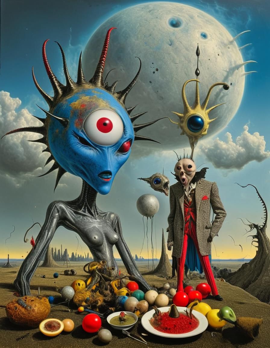 Exotic Aliens Enjoying a Surreal Restaurant in Vibrant Color...