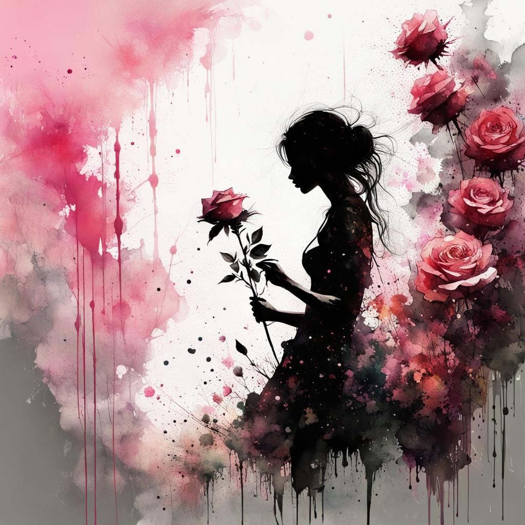 Woman and Roses Silhouette Watercolour Art