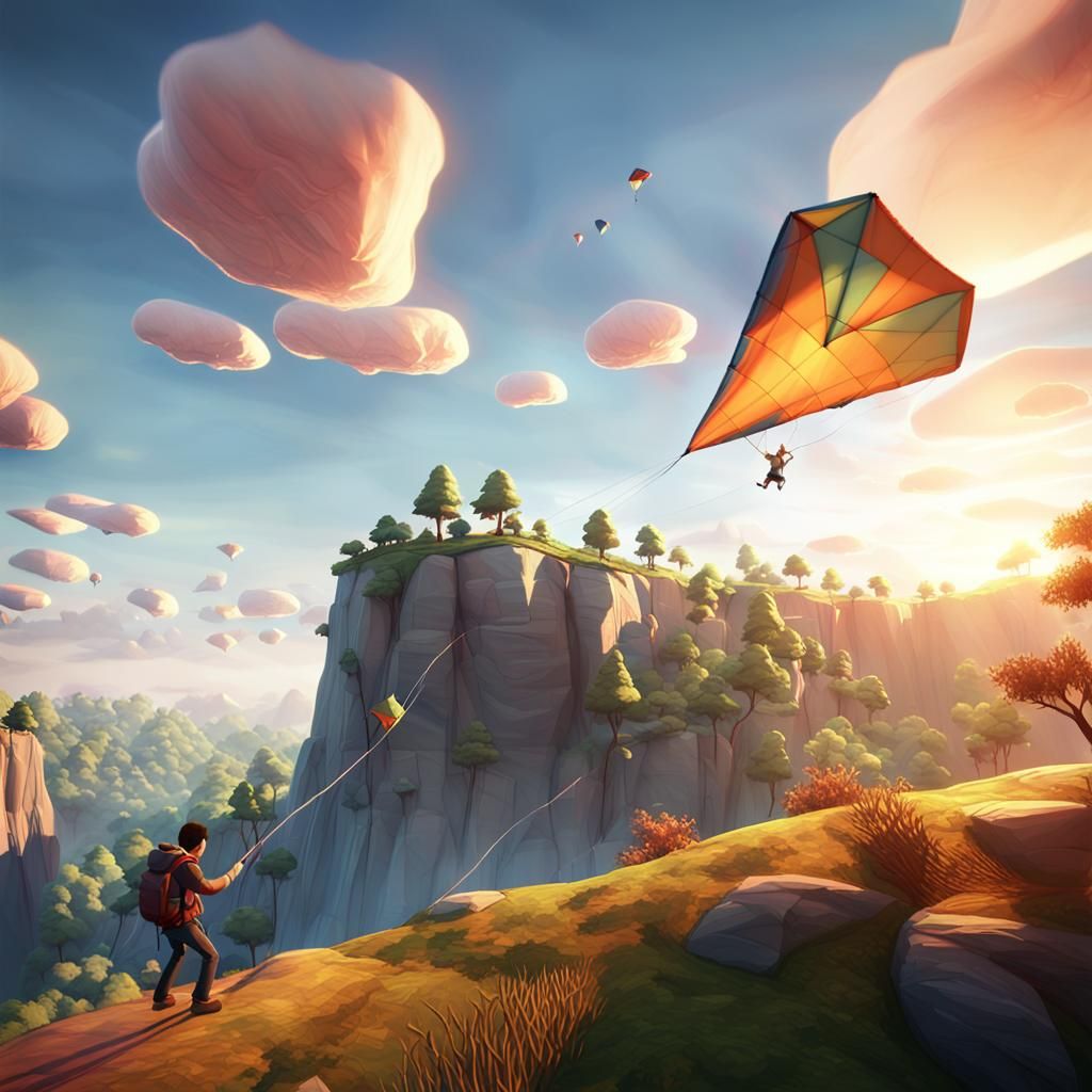 Person on Flying Kite Over Cliff: 3D Game Cinematic