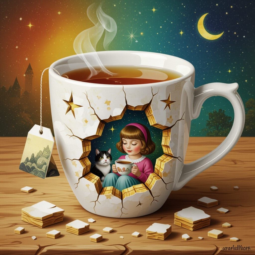 Surreal Tea Mug Cave Scene in Oil on Canvas