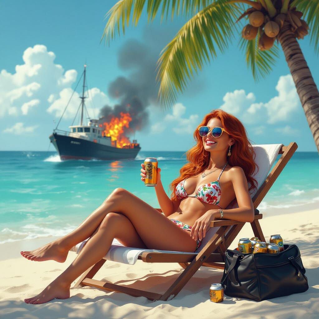 Woman Relaxing on Beach with Burning Ship Offshore