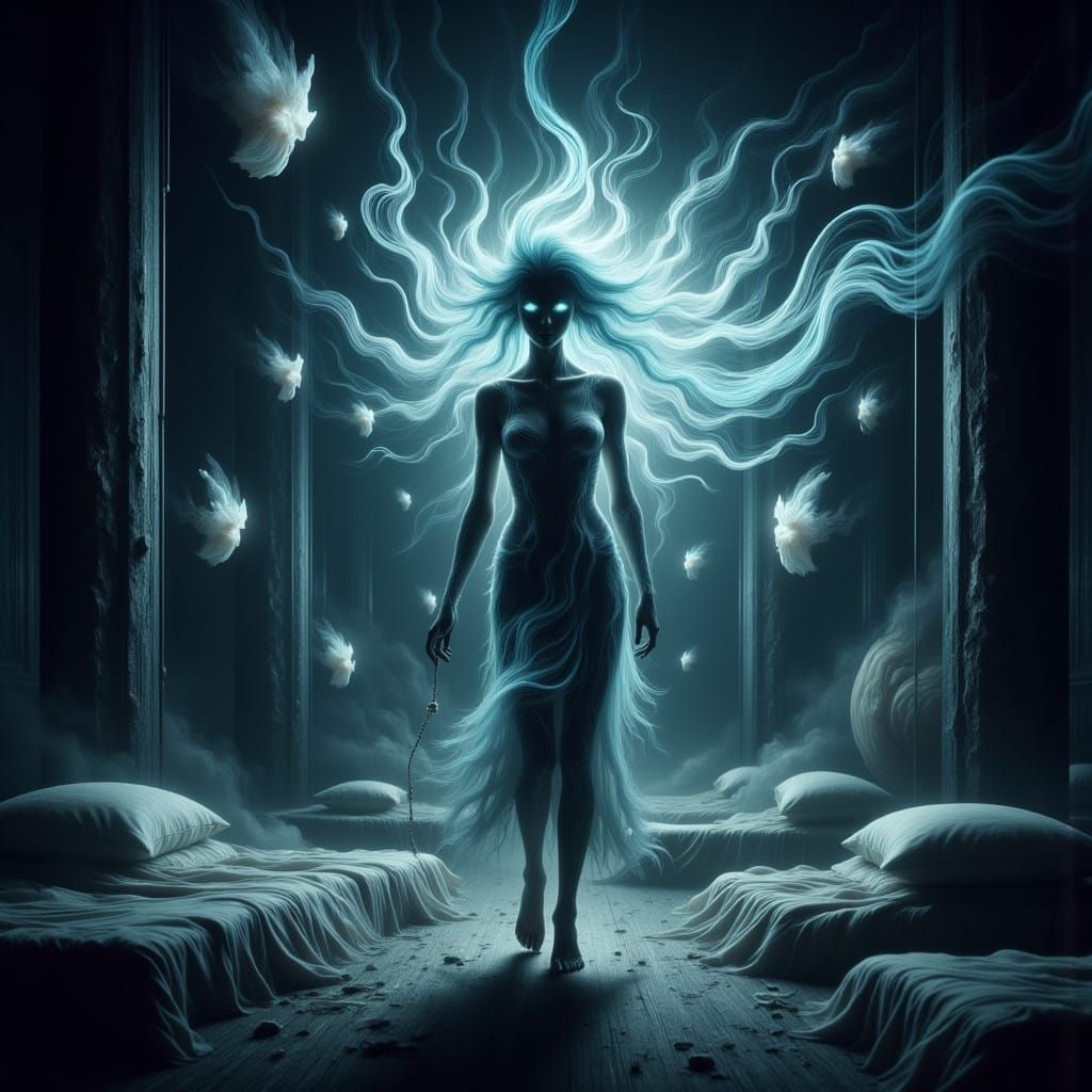 Ethereal Woman with Fiber Optic Hair in a Dark Mystical Hous...