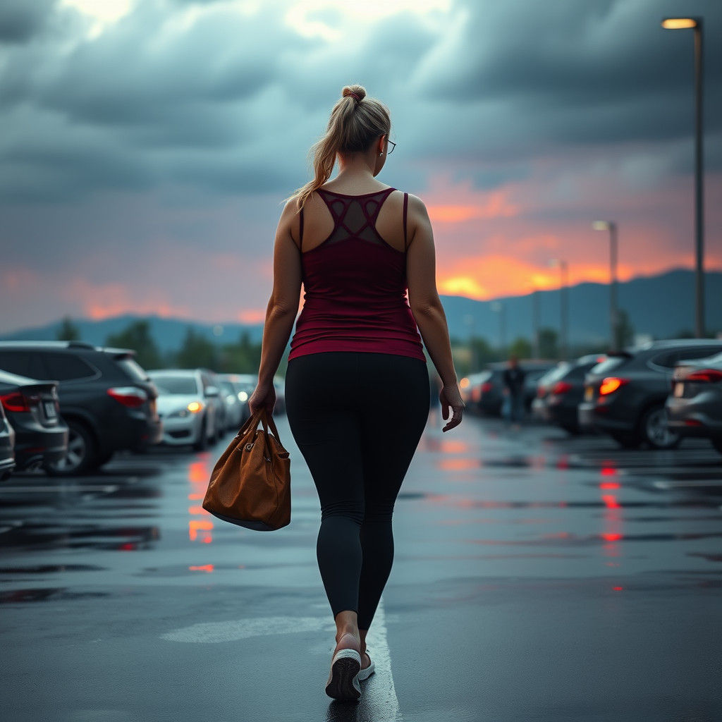 Woman in Leotard Walks at Sunset, Photorealistic Art