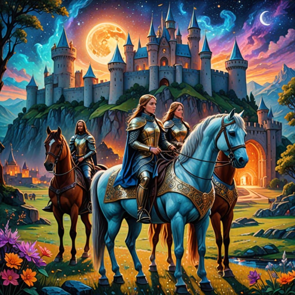 Medieval Princess and Her Knight Protector in a Cosmic Fortr...