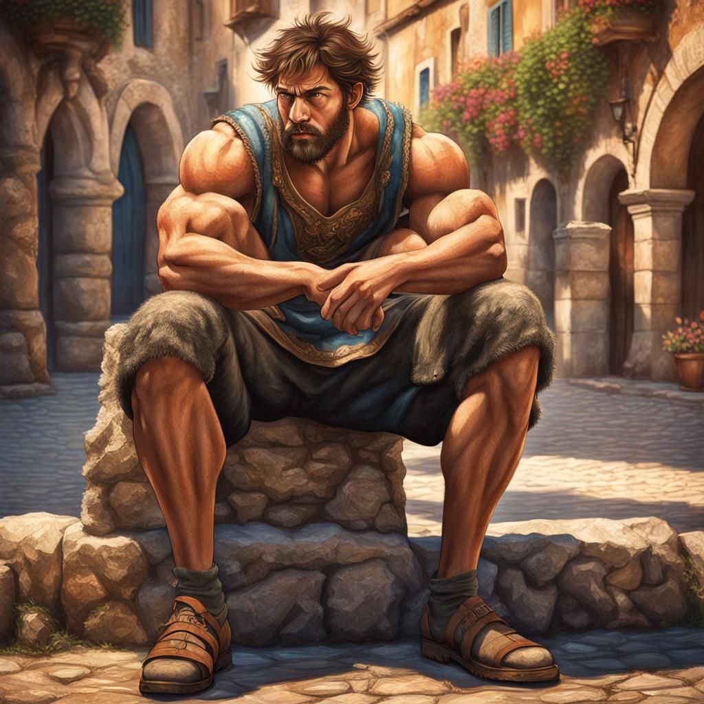 Boy with Muscular Calves in Medieval Square