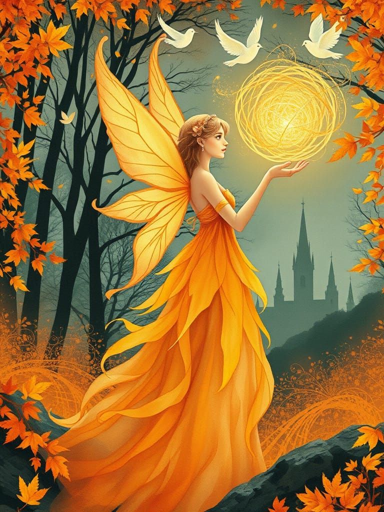 Whispering Autumn Faerie in Golden Twilight