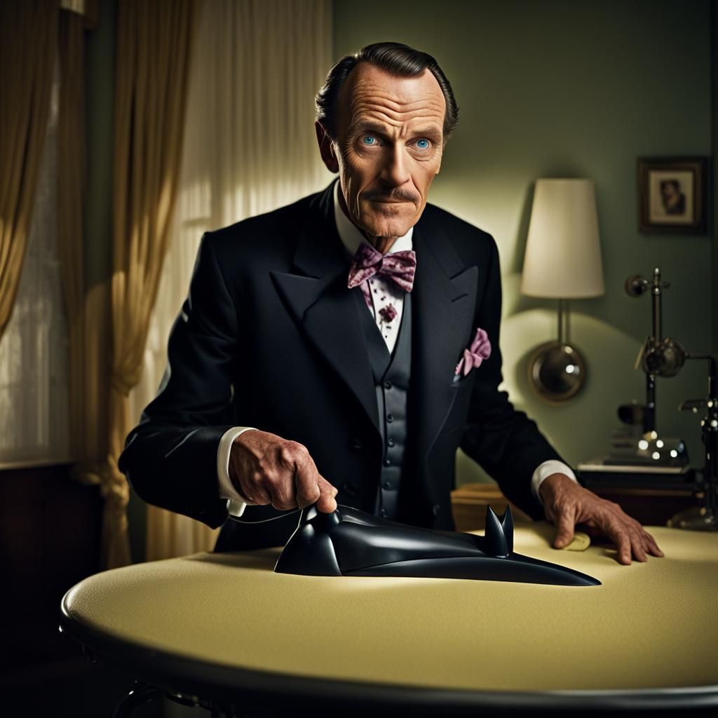 Terry Thomas as Batman's Butler Alfred ironing the batman suit cinematic sharp details vibrant colours sharp focus real...