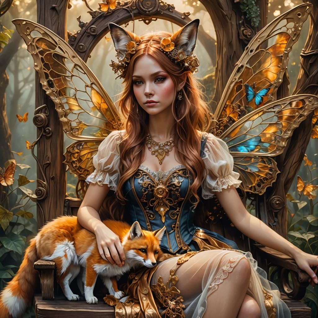 Fairy and Fox in Steampunk Garden: Fractal Oil Painting