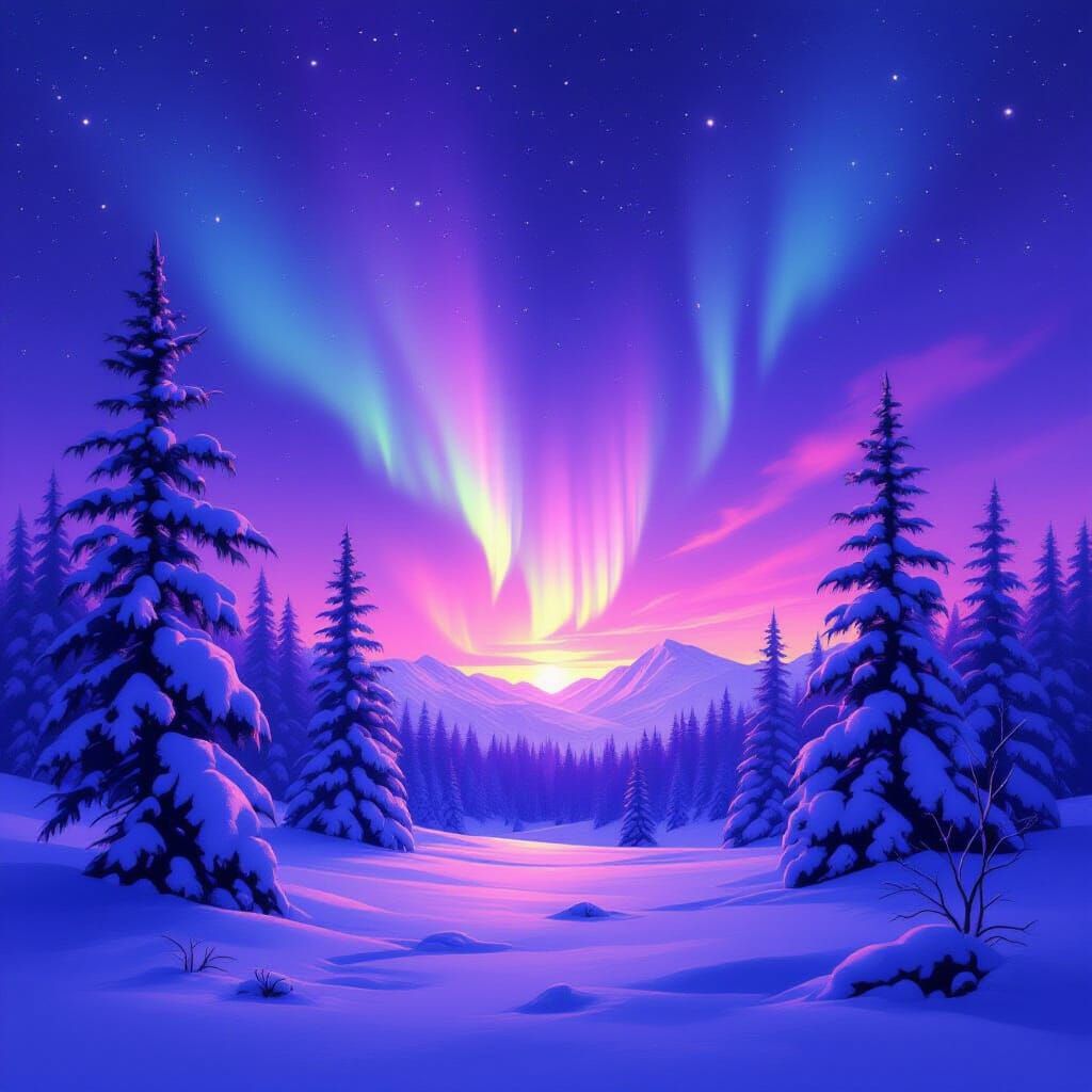 Purple and Pink Northern Lights Over Snowy Forest in Oil Pai...