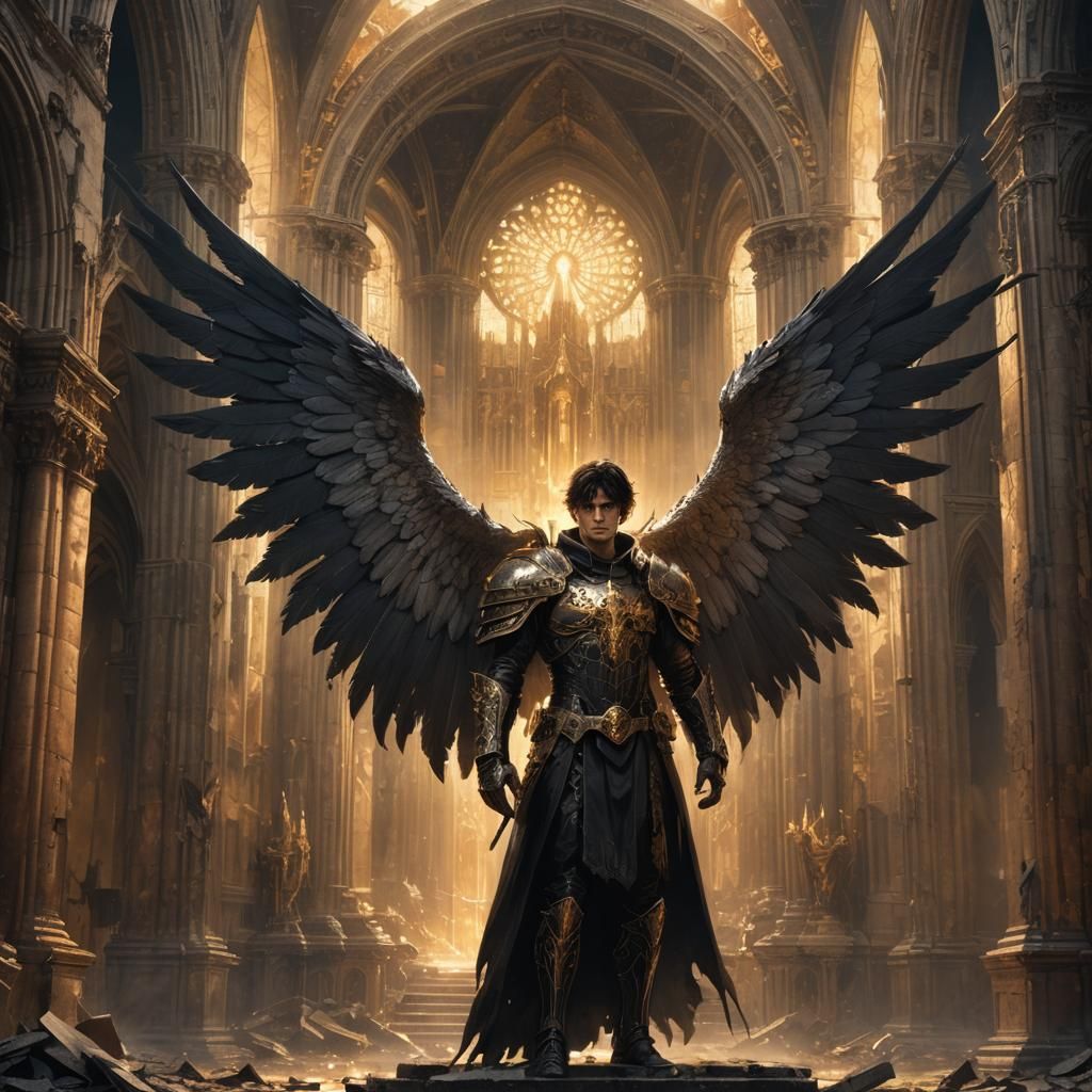 Dark Seraph in Ruined Gothic Cathedral