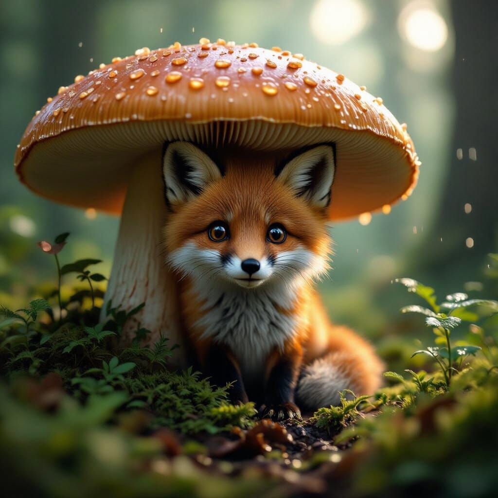 Tiny Fluffy Fox Behind Giant Mushroom in Ancient Forest