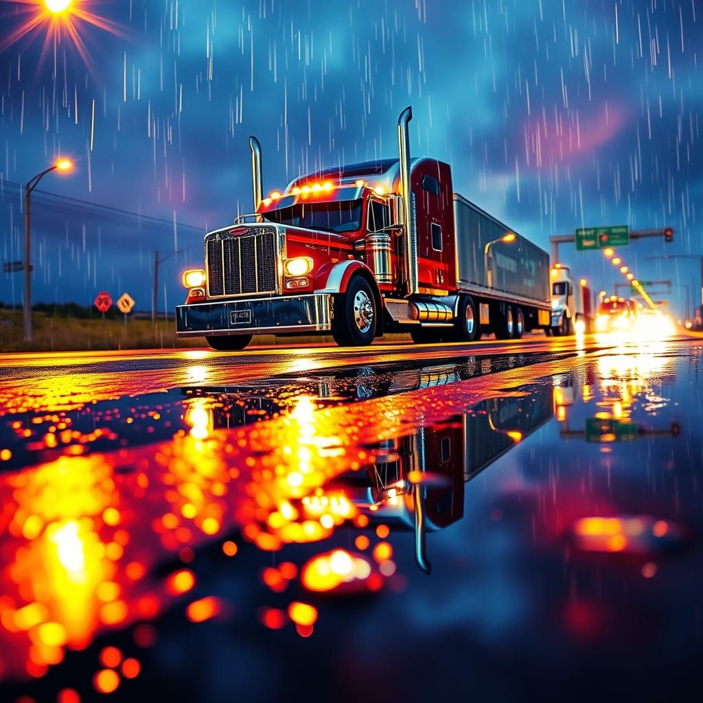 Trucks under rain
