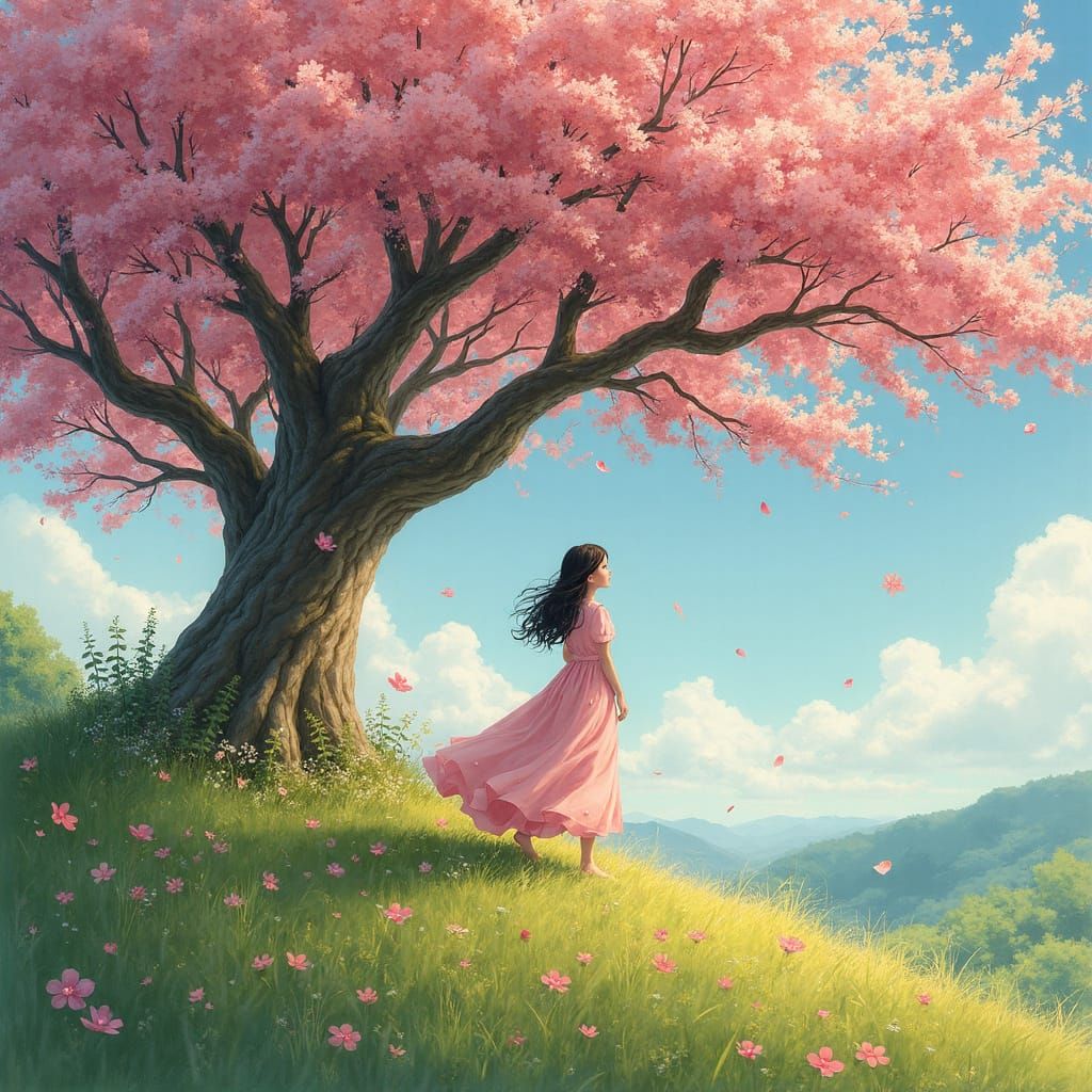 Girl in Blossoms on Hill, Dreamy Watercolor Style