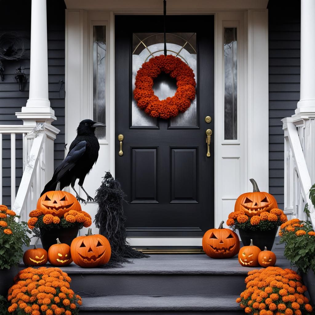 Sinister Halloween Front Porch with Pumpkin and Skeleton