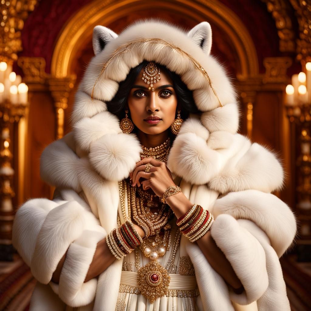 Indian Woman in Fox Fur Coat, Golden Hour Lighting