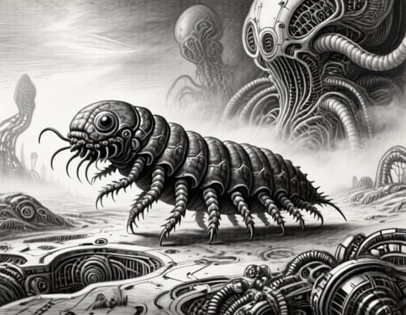 Giant Tardigrade in Biomechanical Landscape Graphite Drawing