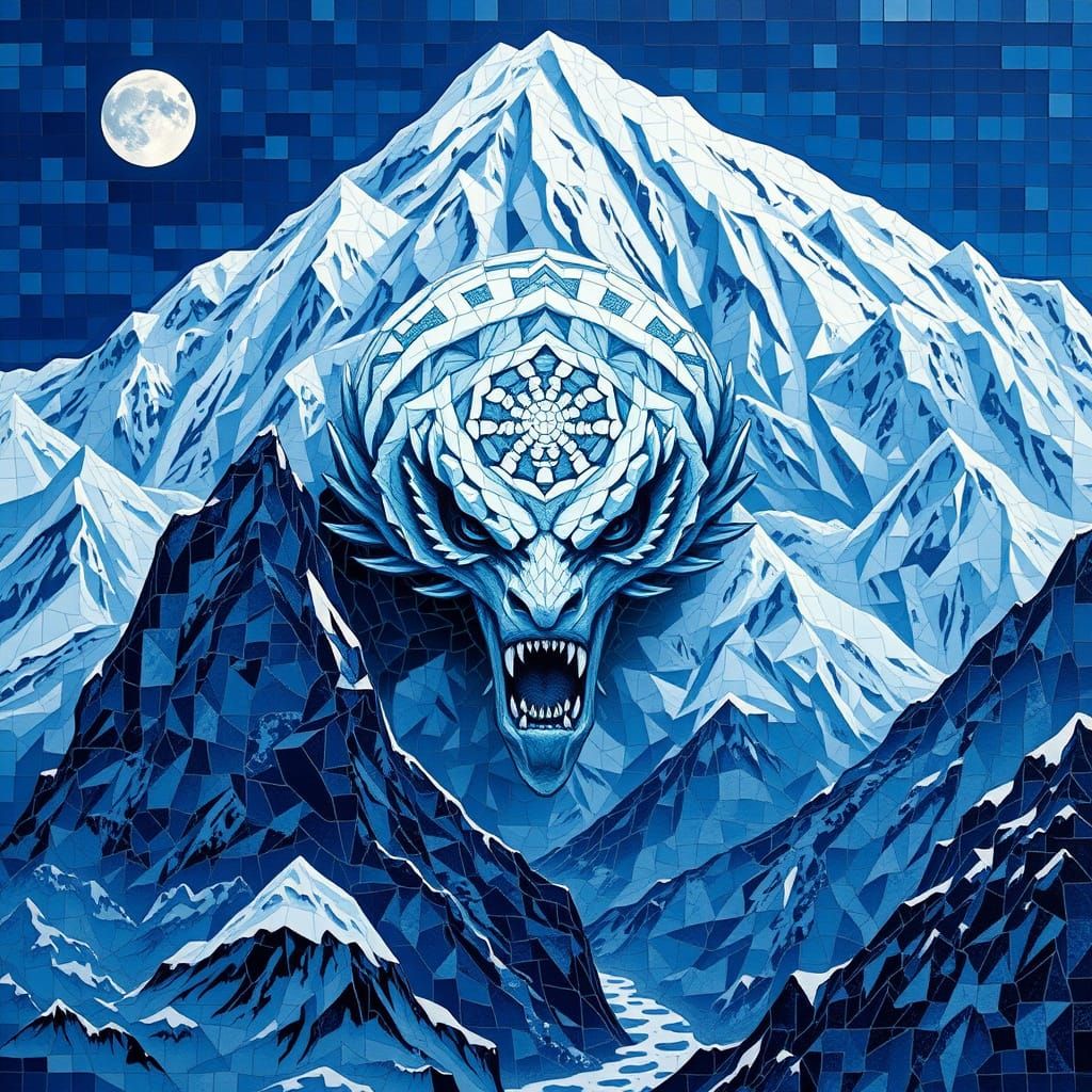 Mystical Himalayan Monster Mosaic in Icy Blues
