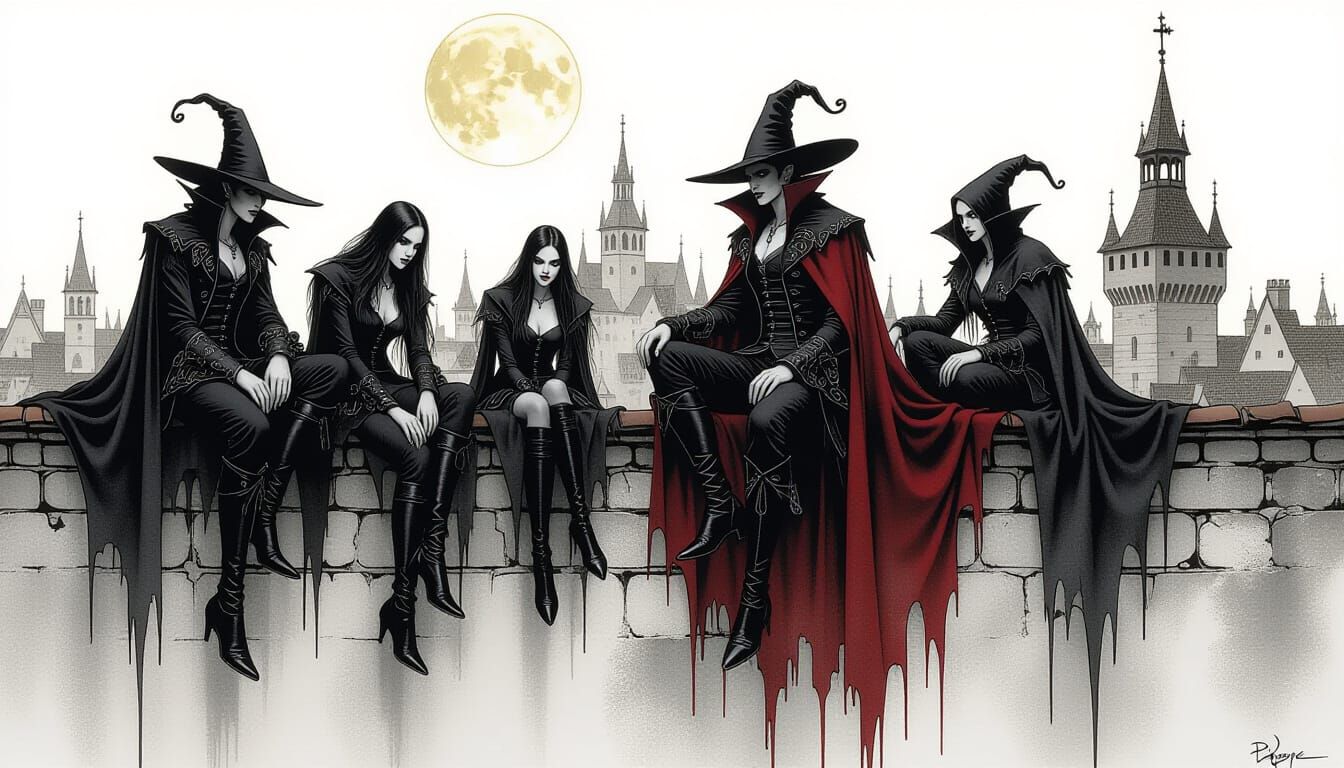 Gothic Vampires on Rooftops Under Ominous Moon