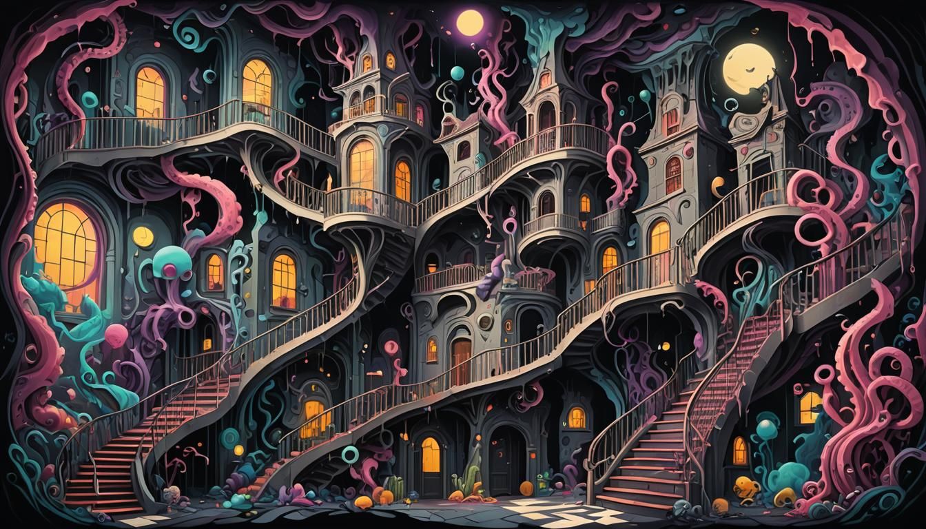 Surreal Dreamscape Mural with Burton-esque Architecture