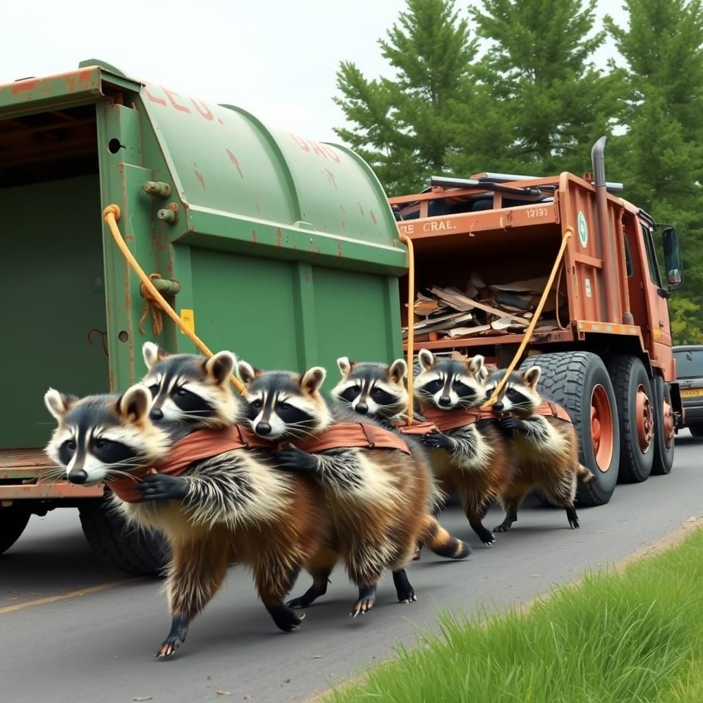 Raccoons Pulling a Garbage Truck with Ropes