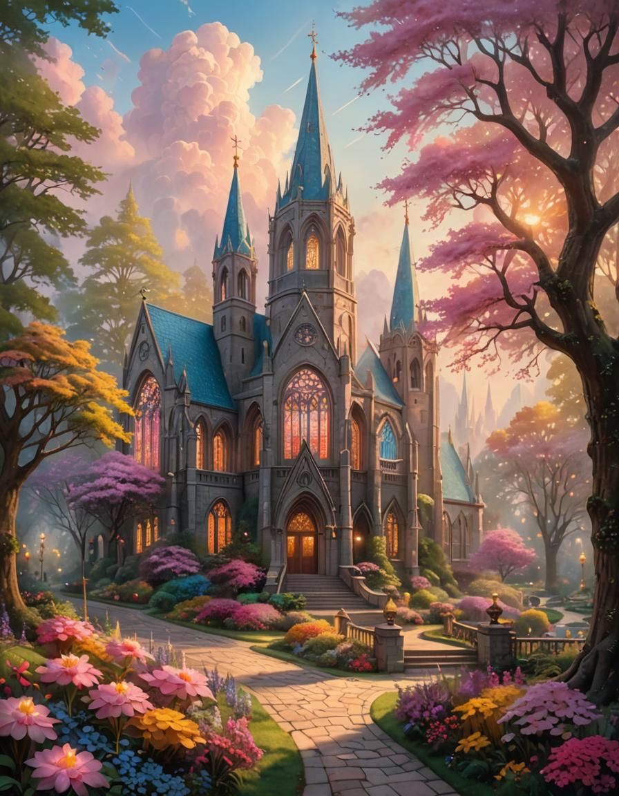 Enchanted Cathedral in Mystical Forest, Dreamy Focus