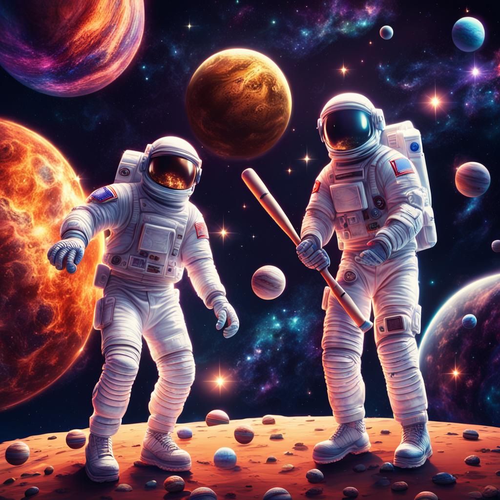 Astronauts Play Baseball in Space: Psychedelic 3D Art