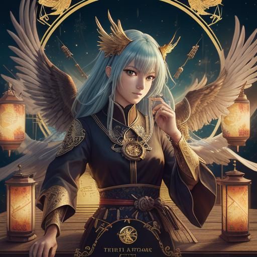 Phoenix Surrounded by Tarot Cards in Anime Style