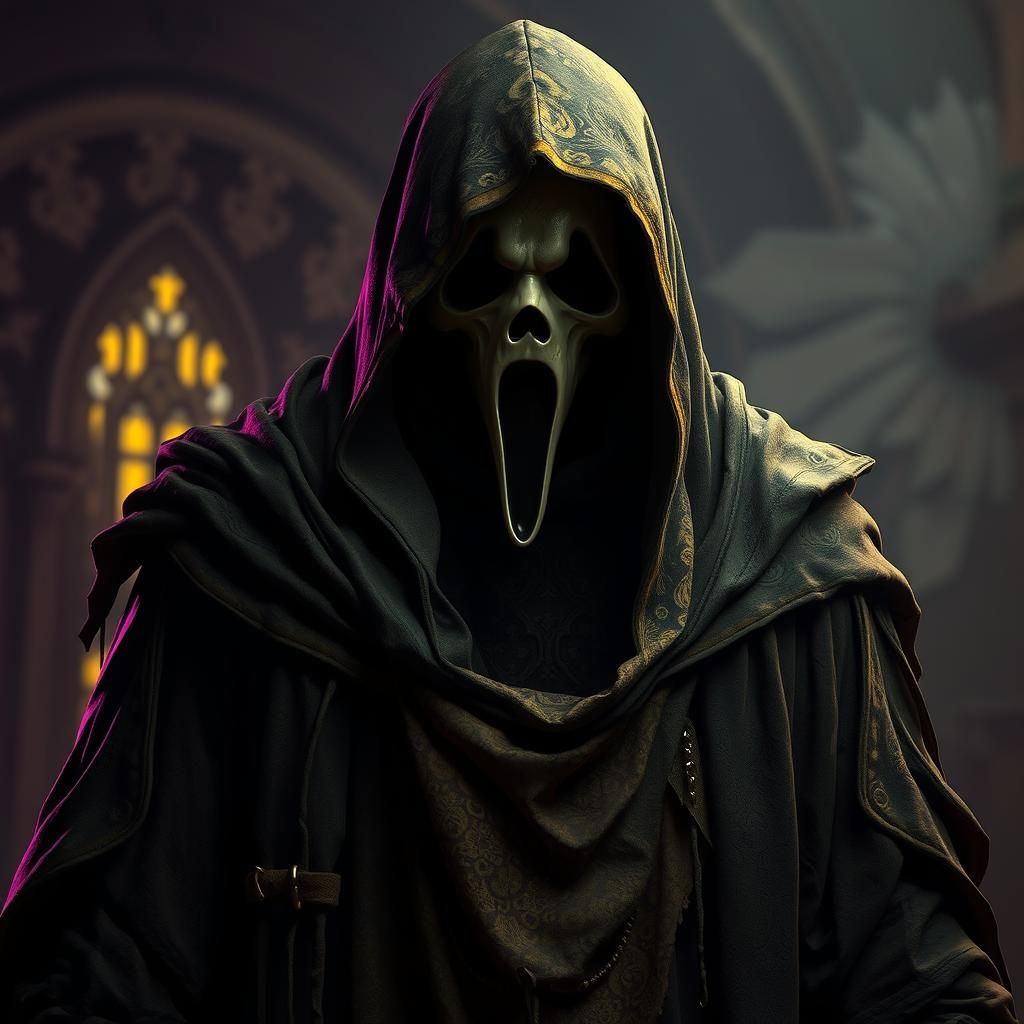 Eerie Ghostface in Medieval Robes, Dark Fantasy Art