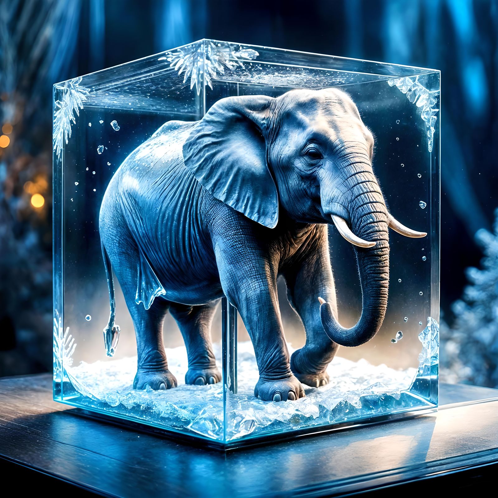 Frozen Elephant in Glass Cube: Surreal 3D Art