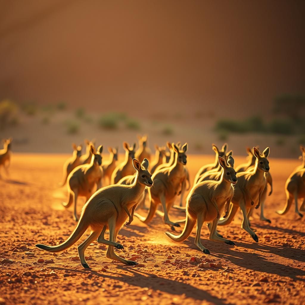 Kangaroos Hopping in Australian Desert Landscape