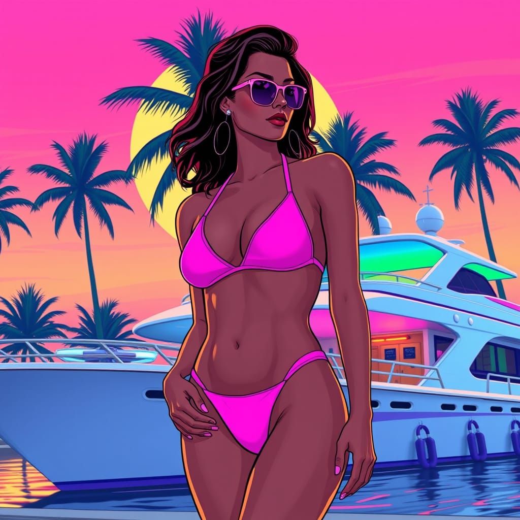 Miami Woman in Synthwave Sunset Style