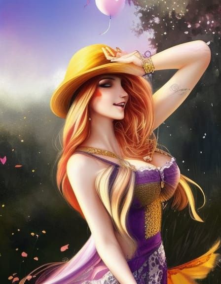 Joyful Strawberry Blonde Witch Partying in Park