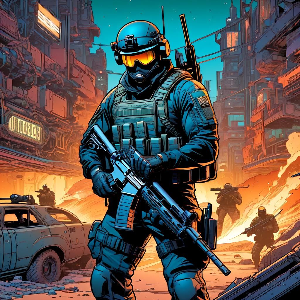 Tactical Man Comic Book Cel-Shaded Illustration