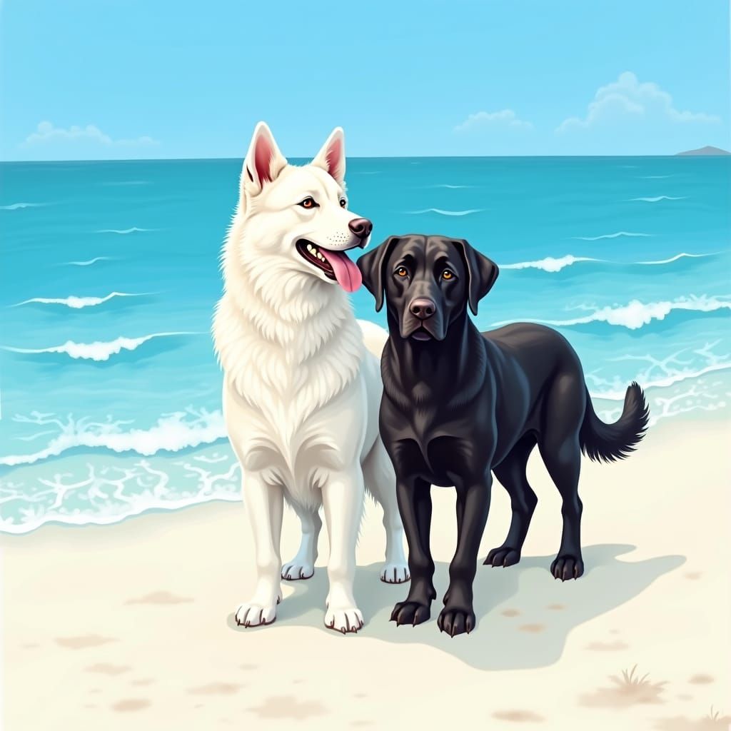 Husky and Labrador on a White Sandy Beach