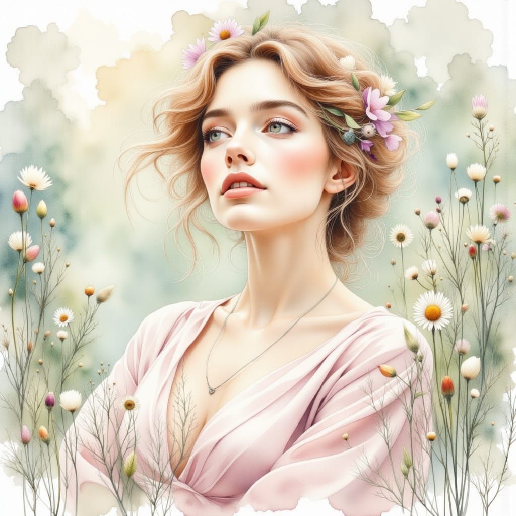 Dreamy Woman in Art Nouveau Watercolor Style