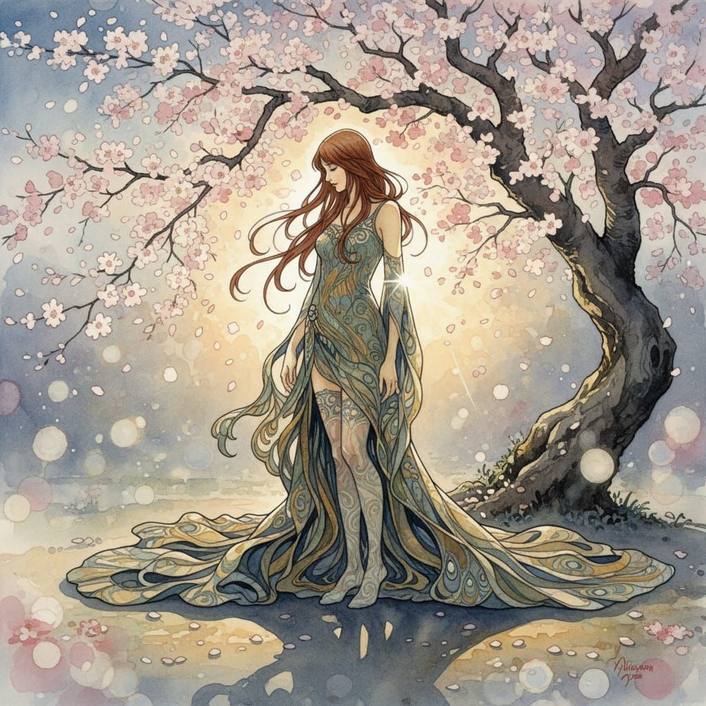 Art Nouveau Woman Under Sakura Tree at Twilight