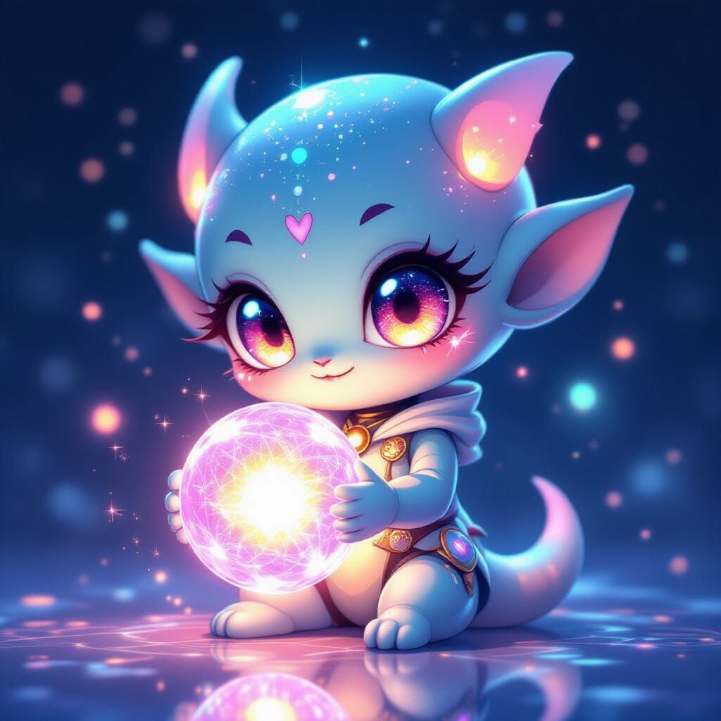Chibi Alien Holding Glowing Orb, Anime Style