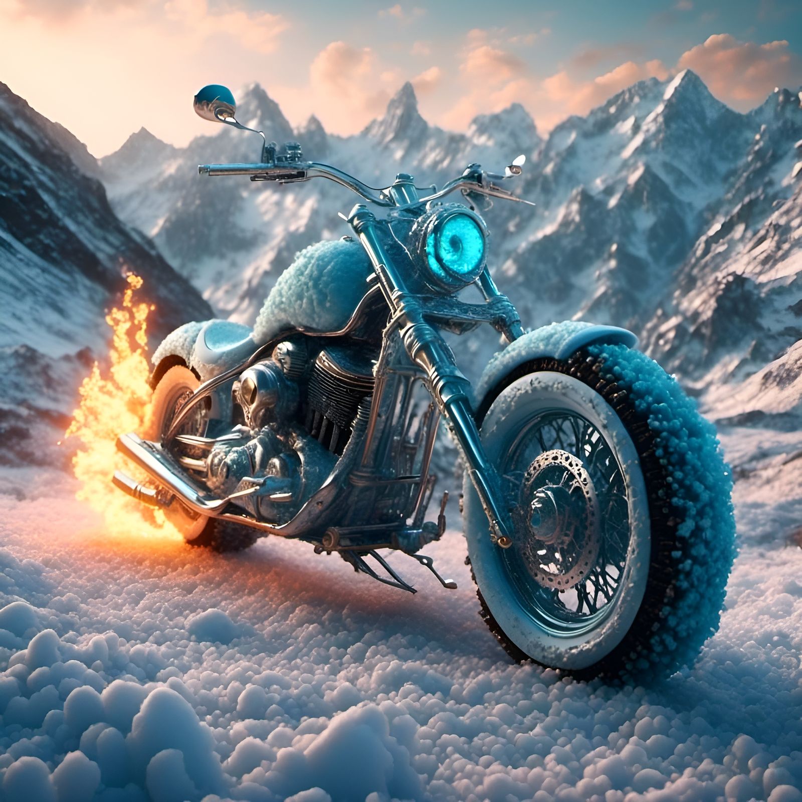 Frozen Flaming Skull Motorbike in Pastel Sky